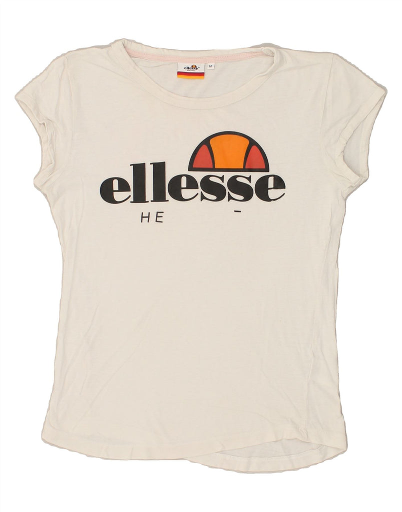 ELLESSE Womens Graphic T-Shirt Top UK 12 Medium White Cotton | Vintage Ellesse | Thrift | Second-Hand Ellesse | Used Clothing | Messina Hembry 