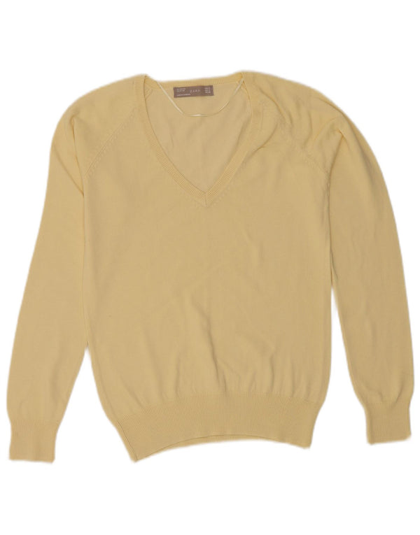 Zara Womens V-Neck Jumper Sweater UK 12 Medium Yellow Cotton