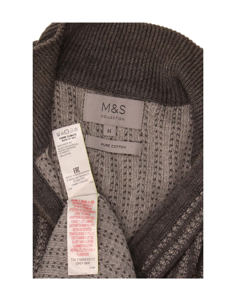 MARKS & SPENCER Mens Zip Neck Jumper Sweater Medium Grey Striped Cotton Vintage Marks & Spencer and Second-Hand Marks & Spencer from Messina Hembry 