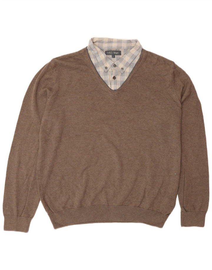 Marks & Spencer Mens Polo Neck Jumper Sweater Large Brown Cotton