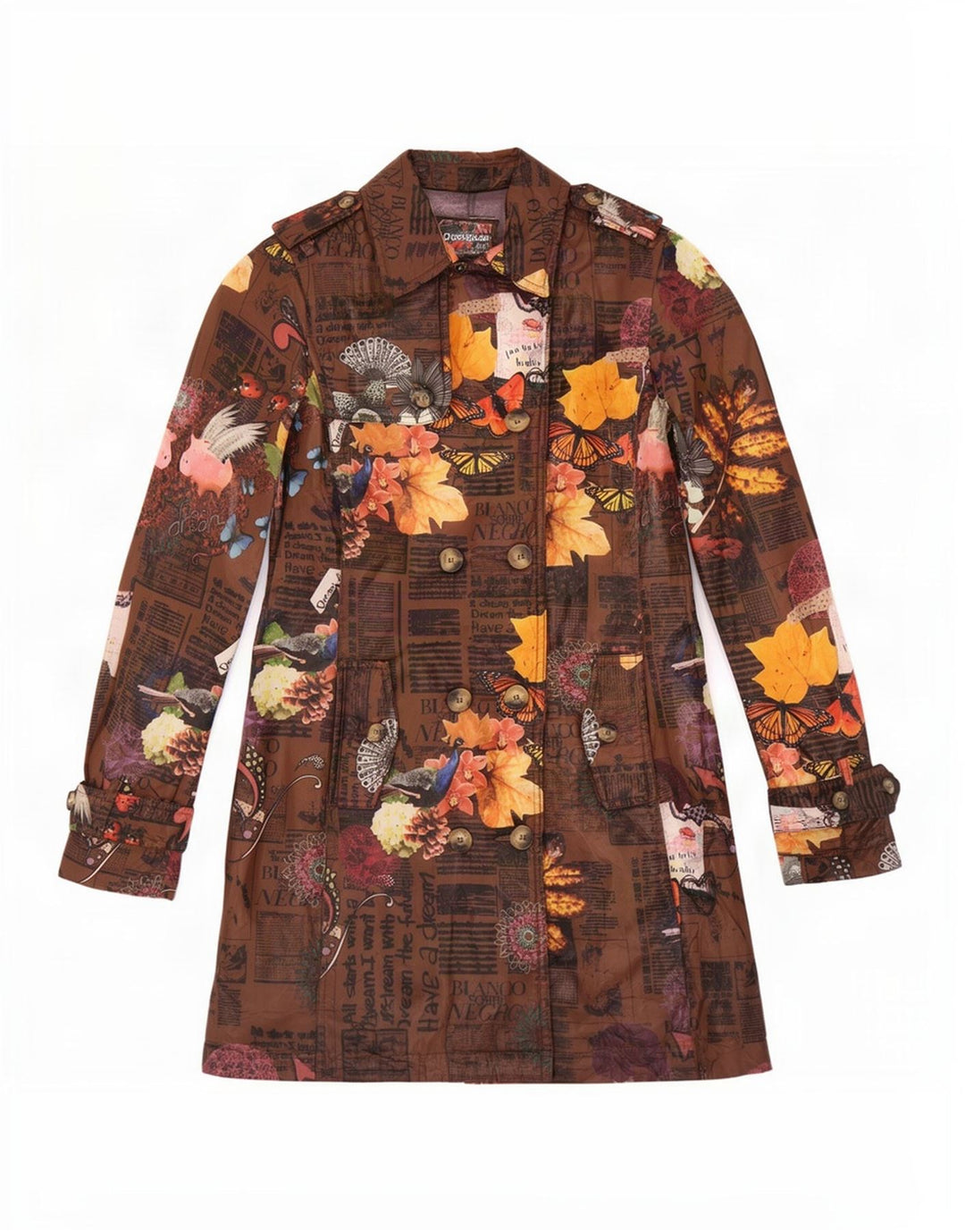Desigual Womens Graphic Trench Coat EU 38 Medium Brown Floral Polyester