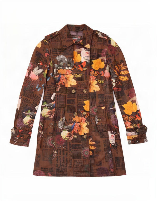 Desigual Womens Graphic Trench Coat EU 38 Medium Brown Floral Polyester
