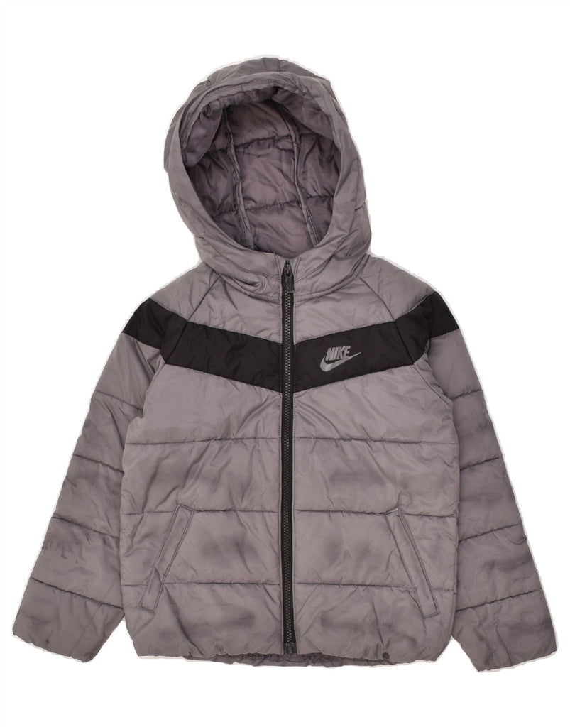 NIKE Boys Hooded Padded Jacket 6-7 Years Large Grey Colourblock Polyester | Vintage Nike | Thrift | Second-Hand Nike | Used Clothing | Messina Hembry 