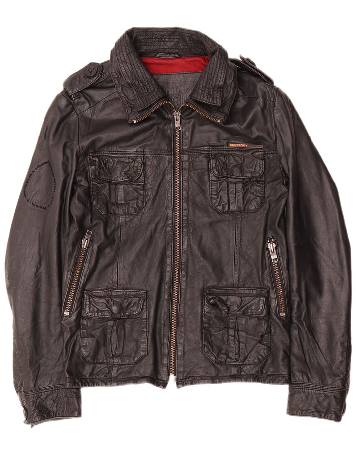 Superdry Mens Military Leather Jacket UK 36 Small Black Leather