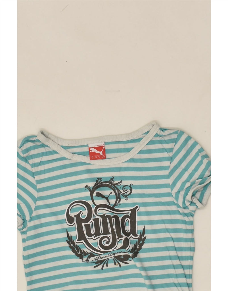 PUMA Girls Graphic T-Shirt Top 9-10 Years Blue Striped Cotton | Vintage Puma | Thrift | Second-Hand Puma | Used Clothing | Messina Hembry 