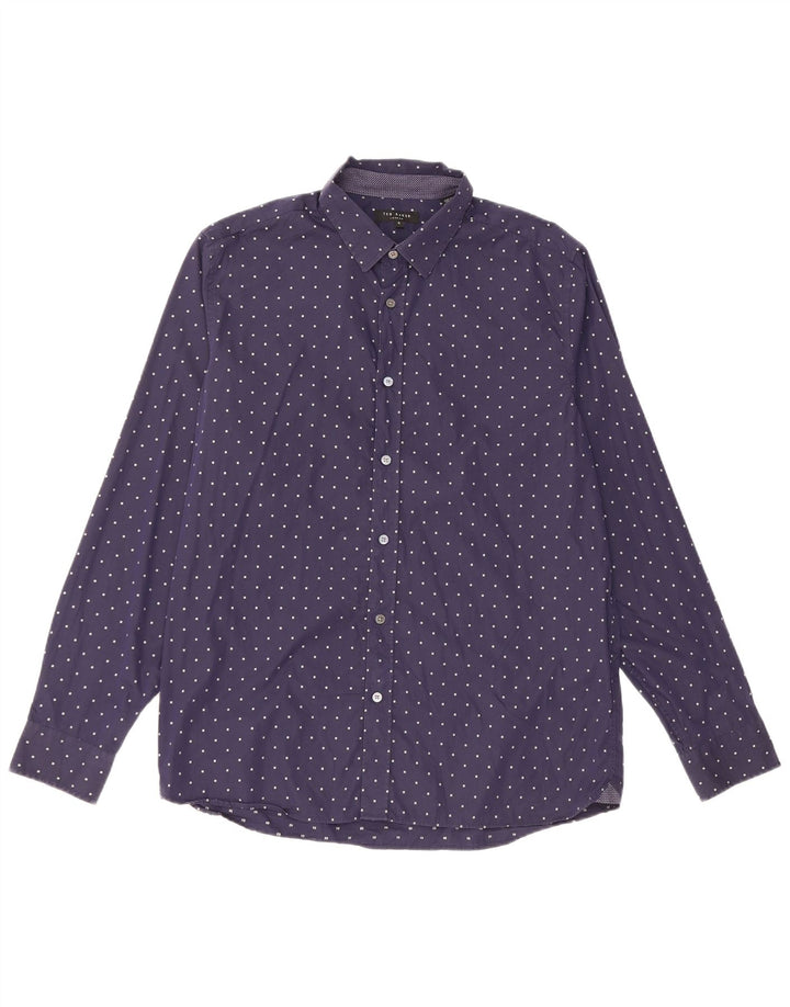 Ted Baker Mens Shirt Size 5 XL Navy Blue Spotted Cotton