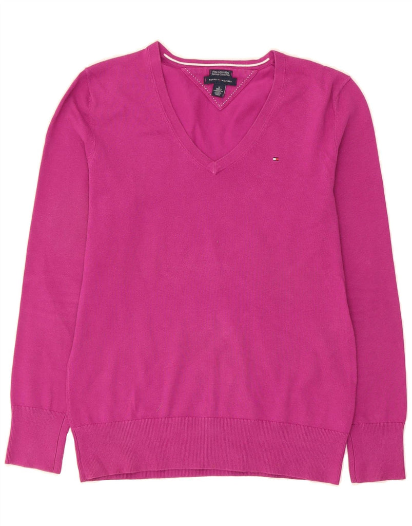 TOMMY HILFIGER Womens V-Neck Jumper Sweater UK 14 Medium Pink Cotton Vintage Tommy Hilfiger and Second-Hand Tommy Hilfiger from Messina Hembry 