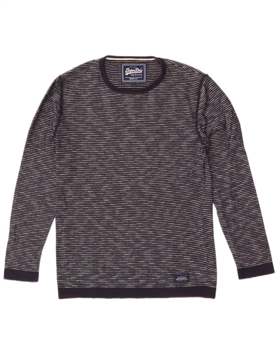 Superdry Mens Crew Neck Jumper Sweater Medium Navy Blue Pinstripe Cotton
