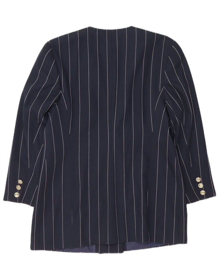 VINTAGE Womens Longline Blazer Jacket IT 42 Medium Navy Blue Striped