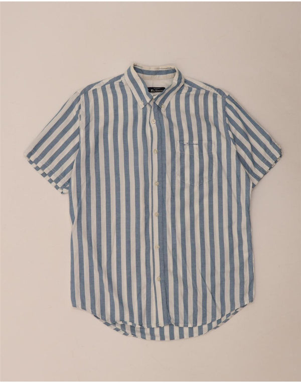 Ben Sherman Mens Short Sleeve Shirt Medium Blue Striped Cotton