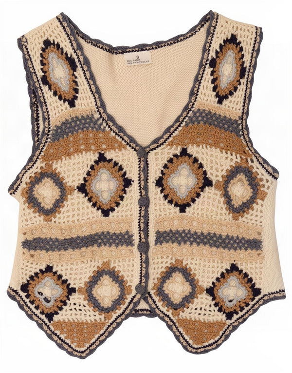 Vintage Womens Crochet Waistcoat UK 10 Small Off White Geometric Ramie