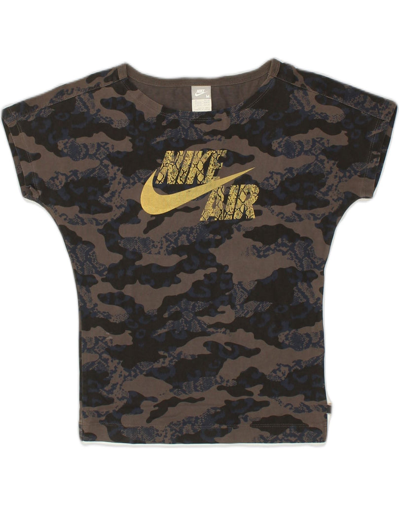 NIKE Womens Graphic T-Shirt Top UK 14 Medium Brown Camouflage Cotton | Vintage Nike | Thrift | Second-Hand Nike | Used Clothing | Messina Hembry 