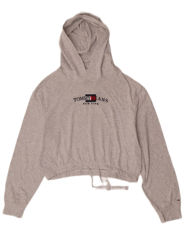Tommy Hilfiger Womens Crop Graphic Hoodie Jumper UK 14 Medium Grey Flecked