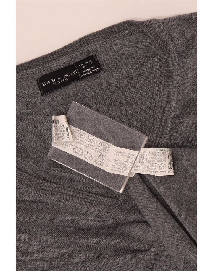 Zara Mens V-Neck Jumper Sweater Medium Grey Viscose