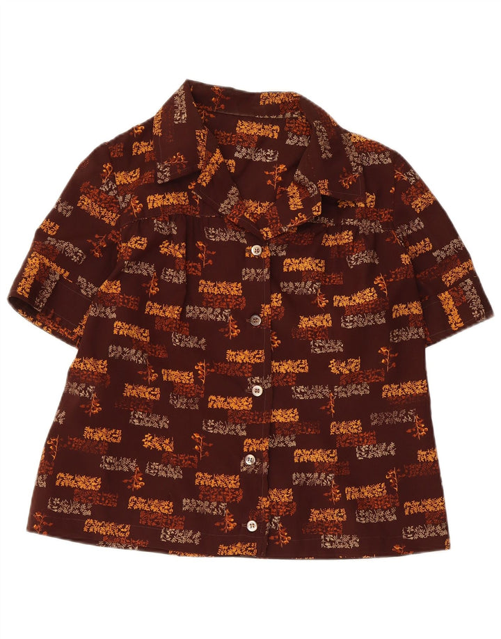 Vintage Womens Short Sleeve Shirt UK 12 Medium Brown Floral