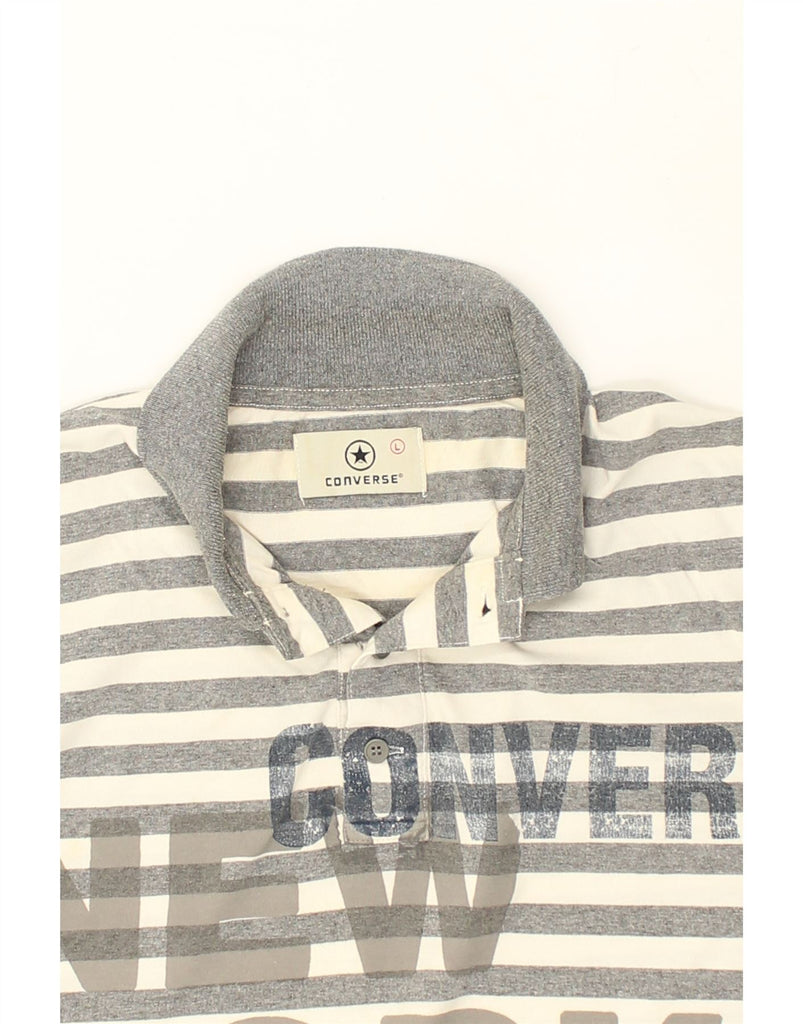 CONVERSE Mens Graphic Long Sleeve Polo Shirt Large Grey Striped Cotton | Vintage Converse | Thrift | Second-Hand Converse | Used Clothing | Messina Hembry 