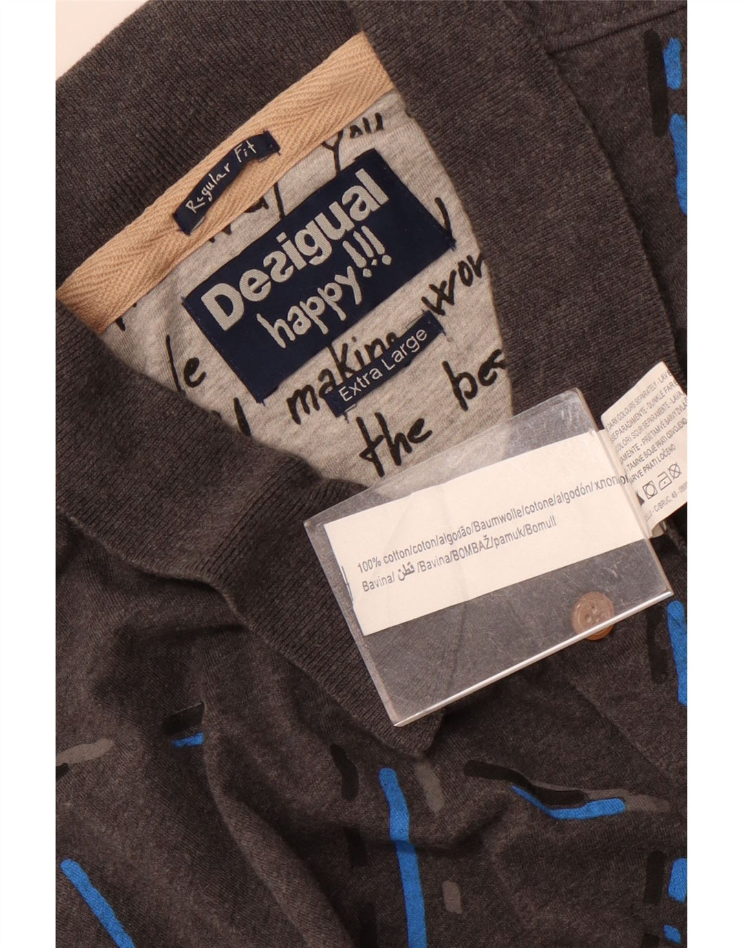 Desigual Mens Long Sleeve Regular Polo Shirt XL Grey Check Cotton