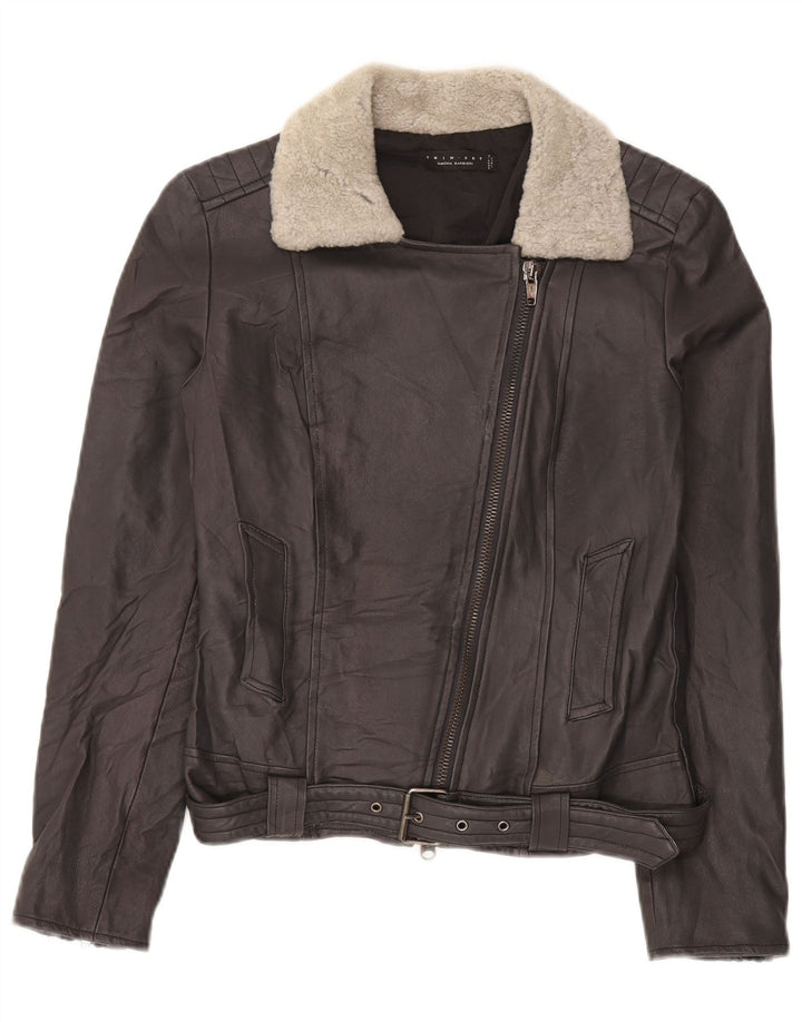 Simona Barbieri Womens Twin-Set Leather Biker Jacket UK 10 Small Black