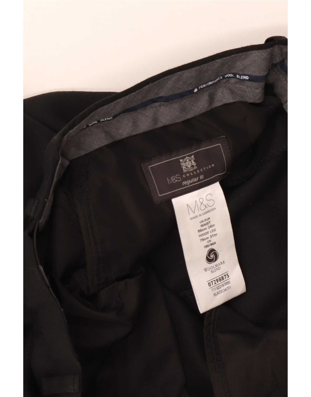 Marks & Spencer Mens Straight Regular Fit Suit Trousers W34 L31 Black Wool