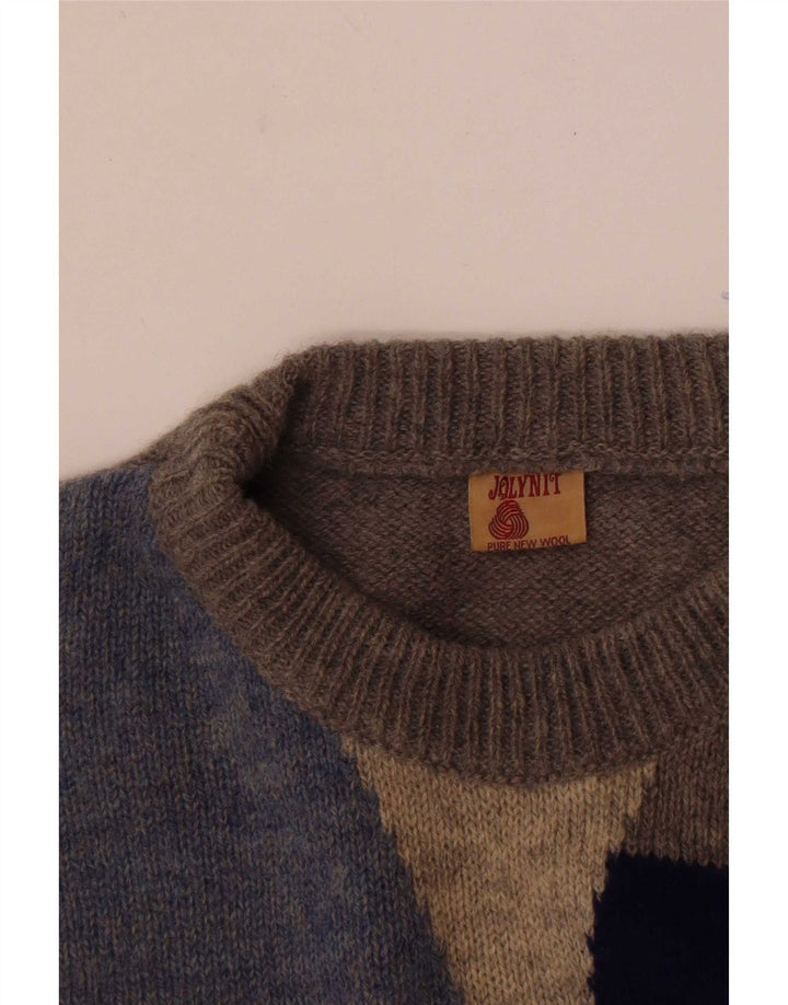 Vintage Mens Crew Neck Jumper Sweater Medium Grey Colourblock New Wool