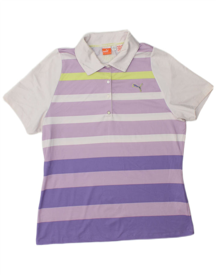 PUMA Womens Polo Shirt UK 14 Large Purple Striped Polyester