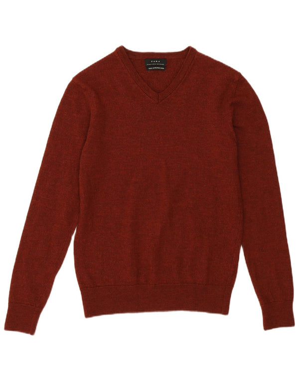 ZARA Womens Crop V-Neck Jumper Sweater UK 12 Medium Brown Wool