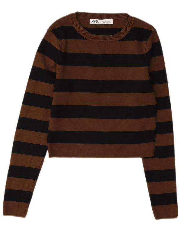 Zara Womens Crop Blouse Top UK 14 Large Brown Striped