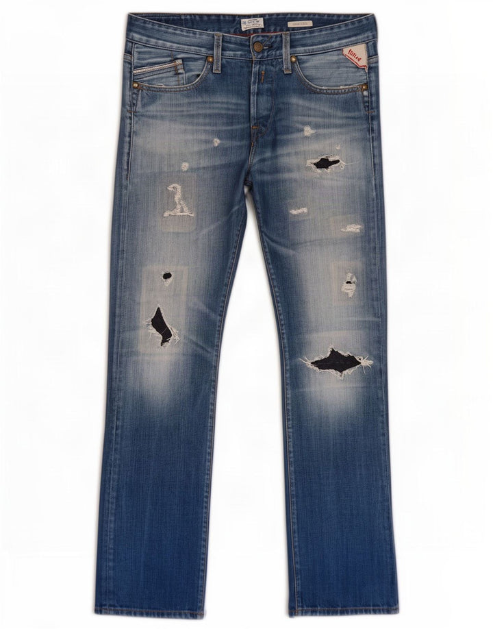 Replay Mens Waitom Distressed Straight Jeans W31 L32 Blue Cotton