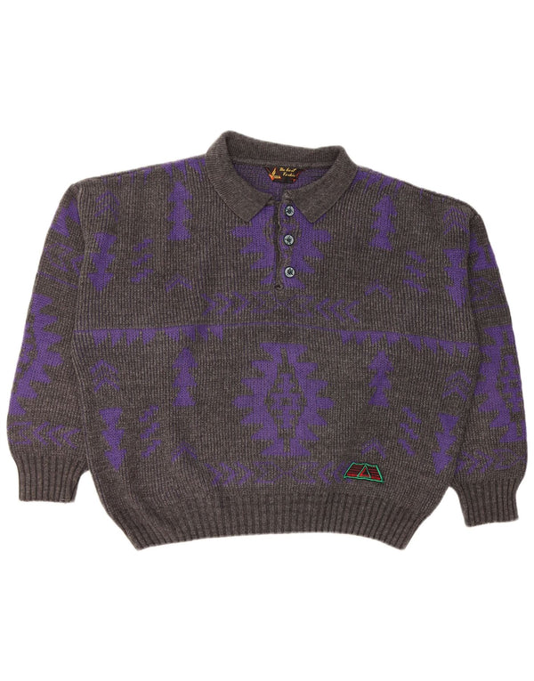 Vintage Mens Polo Neck Jumper Sweater XL Grey Geometric