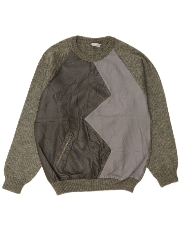Marek Mens Leather Crew Neck Jumper Sweater Small Khaki Colourblock Wool