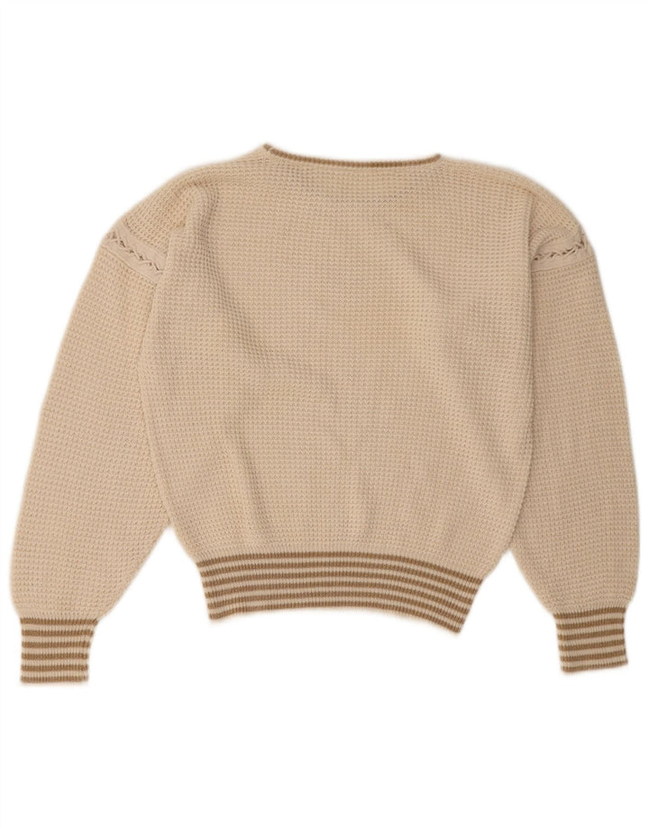 VINTAGE Womens Crop Crew Neck Jumper Sweater UK 16 Large Off White Striped