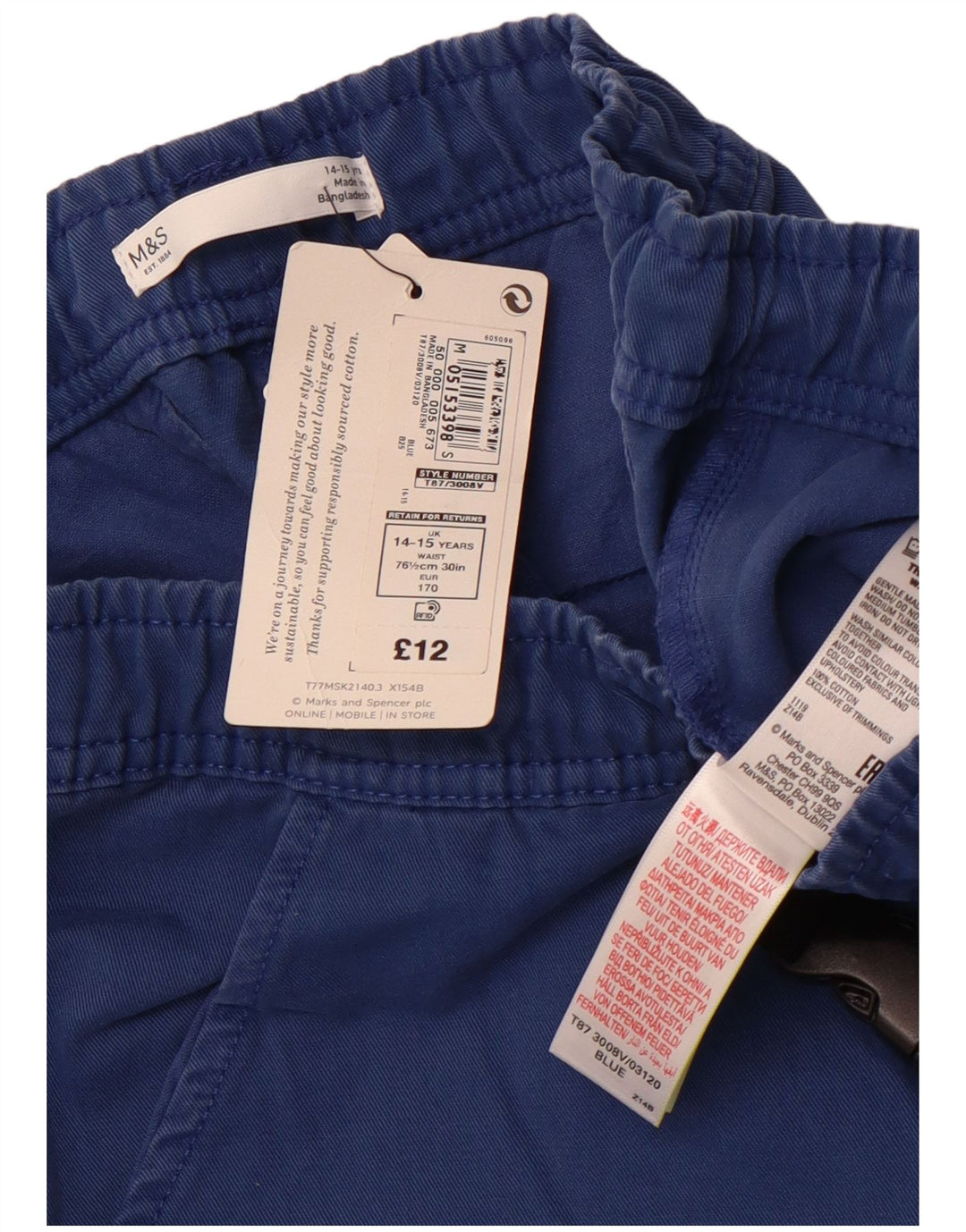 MARKS & SPENCER Boys Cargo Shorts 14-15 Years W28  Blue Cotton
