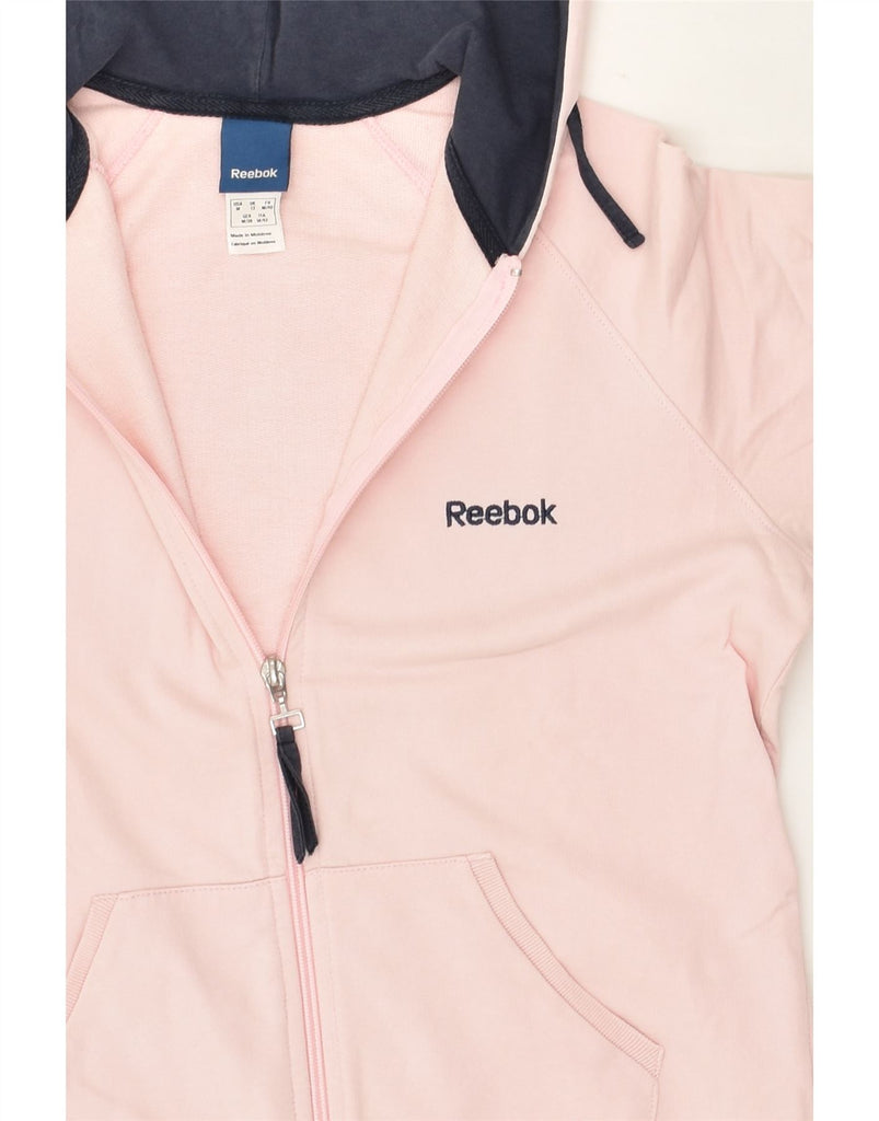 REEBOK Womens Graphic Zip Hoodie Sweater UK 12 Medium  Pink Cotton | Vintage Reebok | Thrift | Second-Hand Reebok | Used Clothing | Messina Hembry 