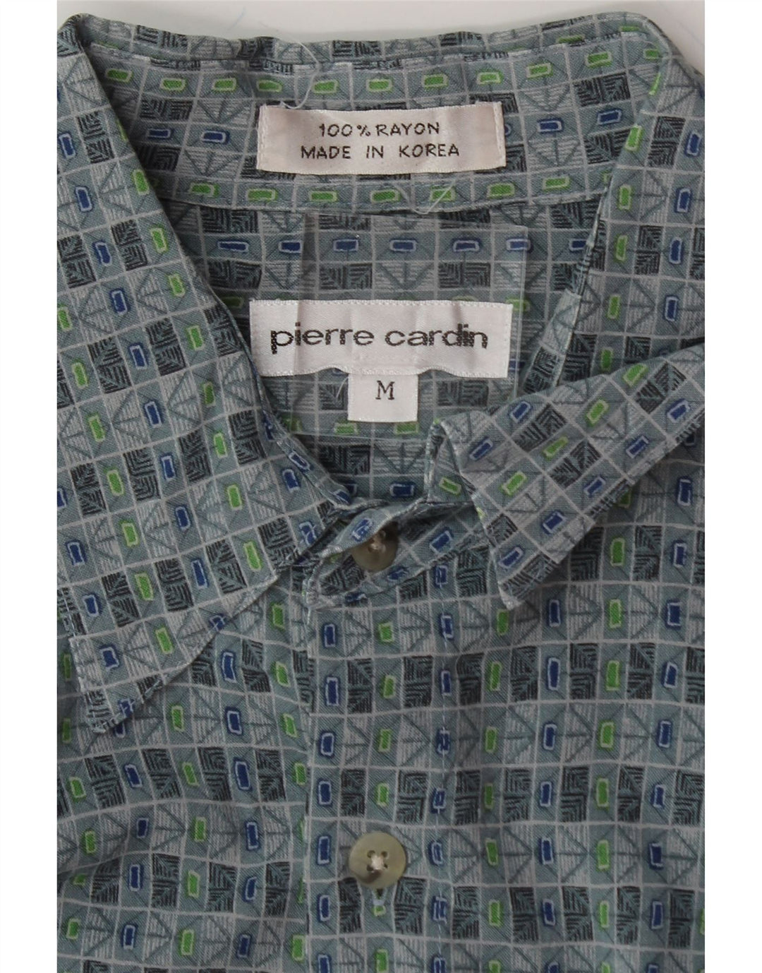 PIERRE CARDIN Mens Short Sleeve Shirt Medium Blue Geometric Rayon Vintage Pierre Cardin and Second-Hand Pierre Cardin from Messina Hembry 