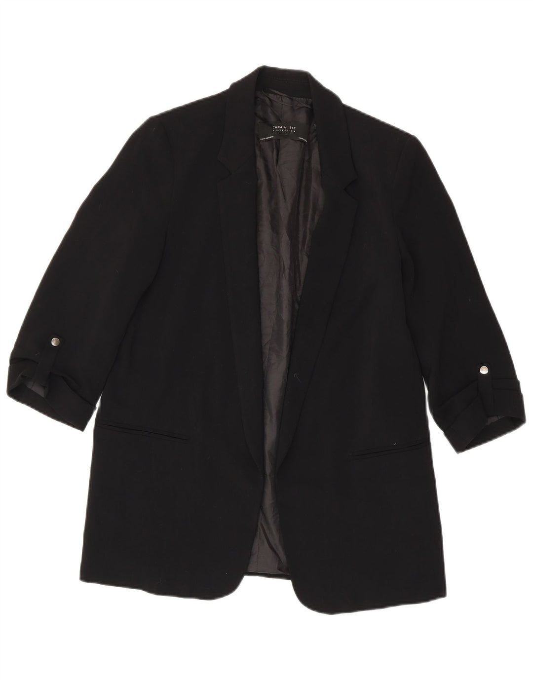 Zara Womens 3/4 Sleeve Open Blazer Jacket UK 14 Medium Black Polyester