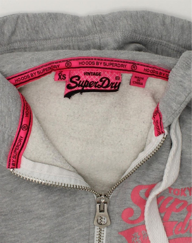 SUPERDRY Womens Graphic Zip Hoodie Sweater UK 0 2XS Grey Cotton | Vintage Superdry | Thrift | Second-Hand Superdry | Used Clothing | Messina Hembry 