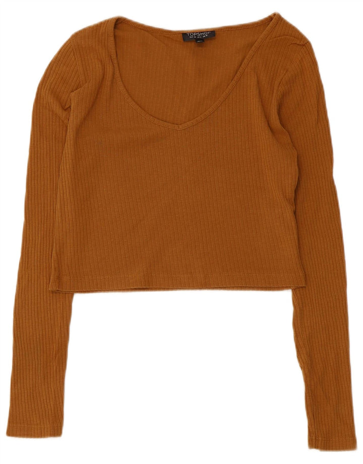 Zara Womens Crop Top Long Sleeve UK 10 Small Brown Cotton