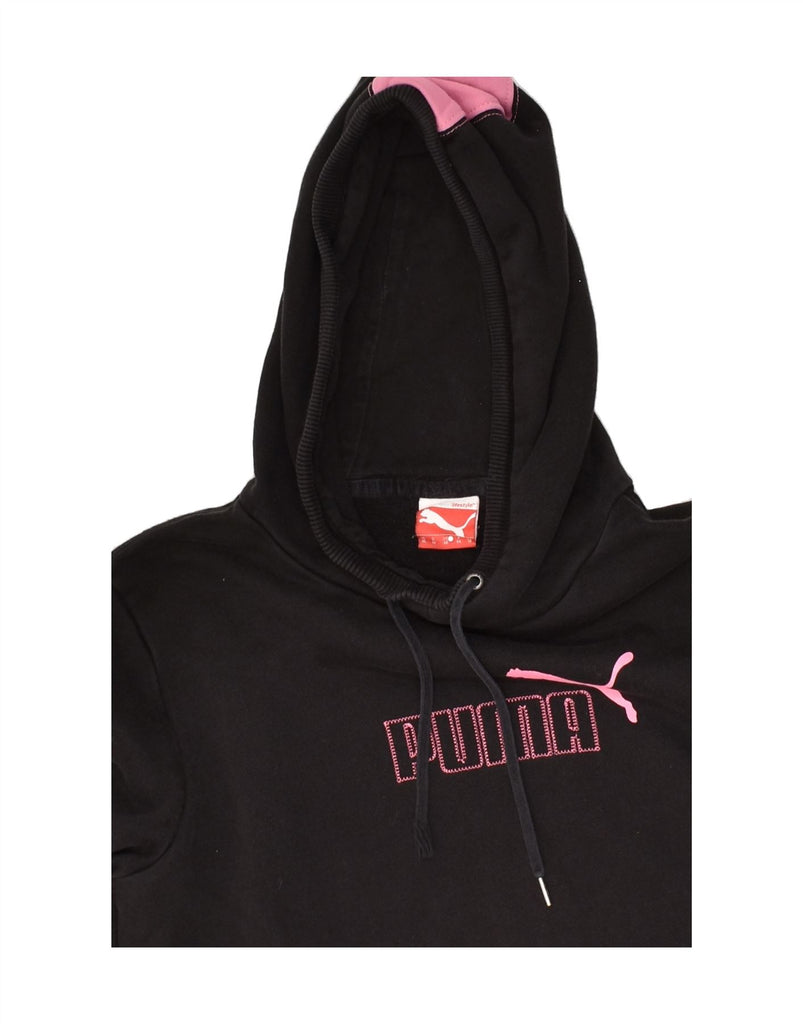 PUMA Womens Graphic Hoodie Jumper UK 16 Large Black Cotton | Vintage Puma | Thrift | Second-Hand Puma | Used Clothing | Messina Hembry 