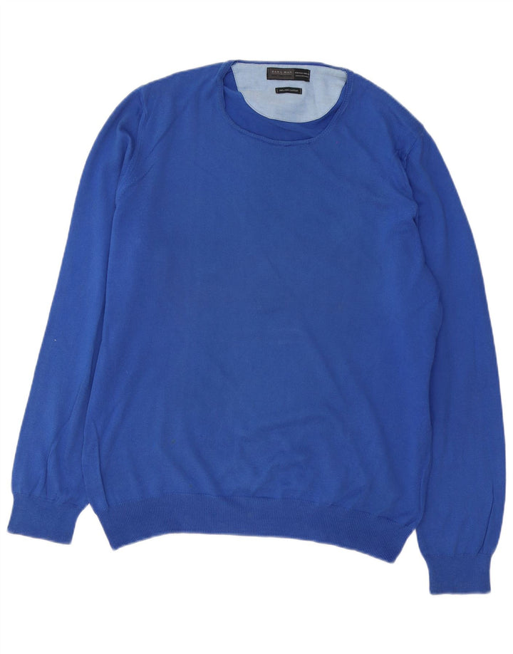 Zara Mens Crew Neck Jumper Sweater Large Blue Cotton
