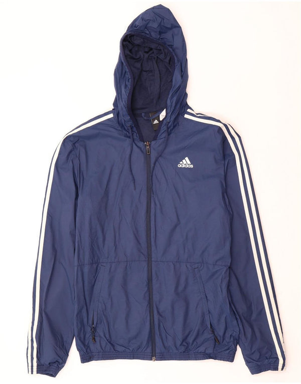 ADIDAS Mens Hooded Tracksuit Top Jacket UK 36 Small Navy Blue Polyester