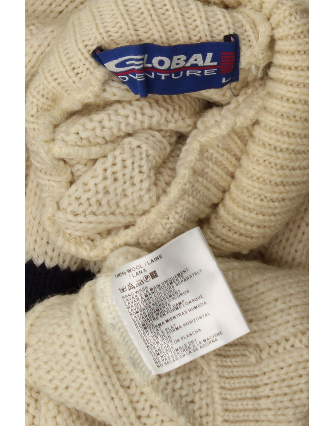 VINTAGE Mens Turtle Neck Jumper Sweater Large Off White Striped Wool