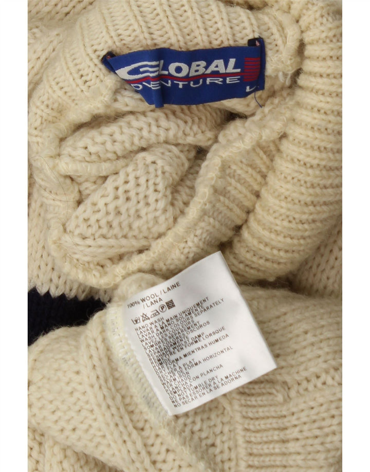 VINTAGE Mens Turtle Neck Jumper Sweater Large Off White Striped Wool