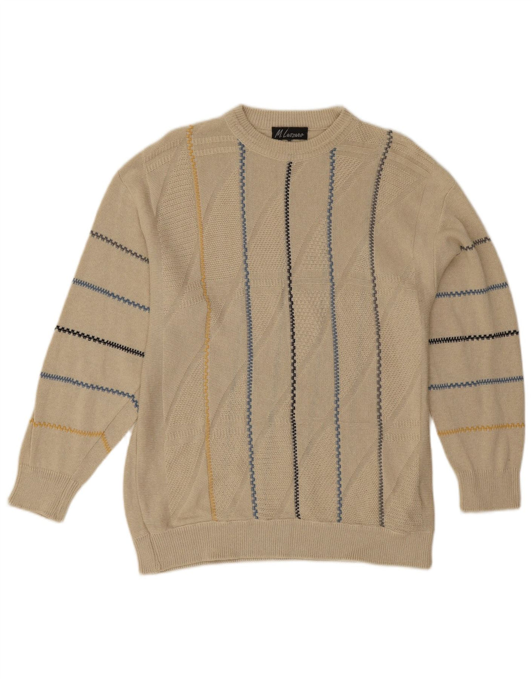 Vintage Mens Crew Neck Jumper Sweater Large Beige Striped