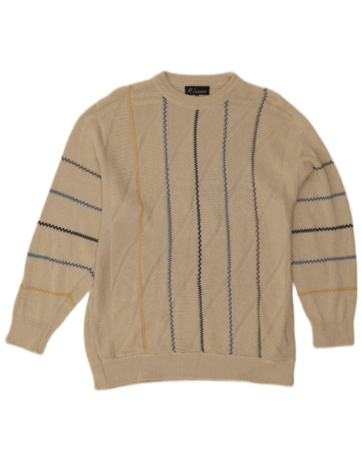 Vintage Mens Crew Neck Jumper Sweater Large Beige Striped