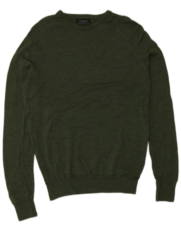 Zara Mens Boat Neck Jumper Sweater Medium Green Wool