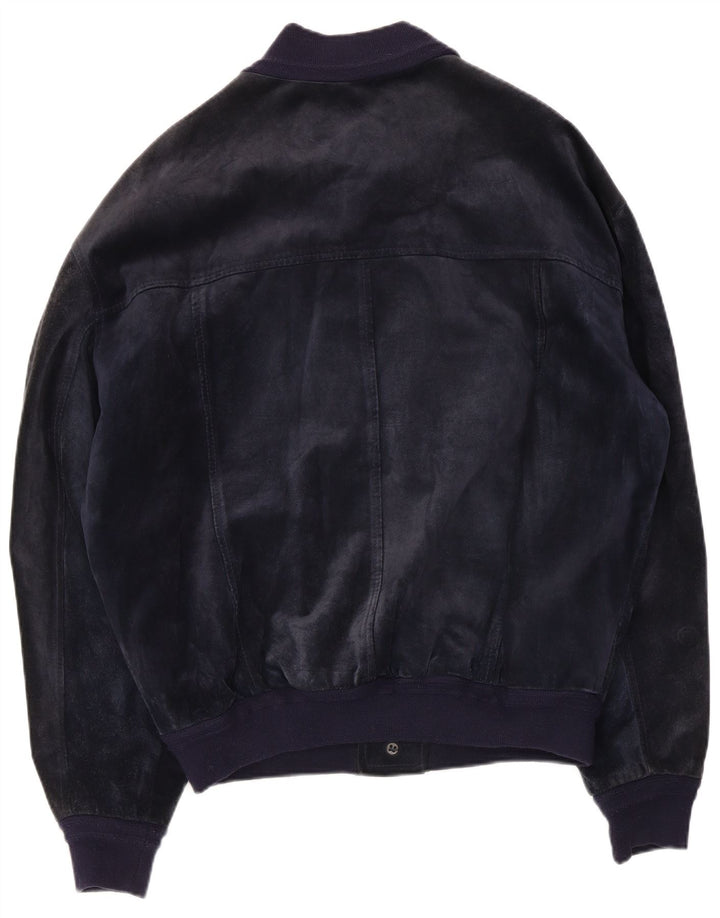 Bayside Mens Suede Bomber Jacket UK 40 Large Navy Blue Leather