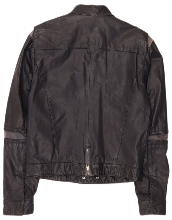 Vintage Mens Leather Biker Jacket IT 48 Medium Grey Colourblock Leather