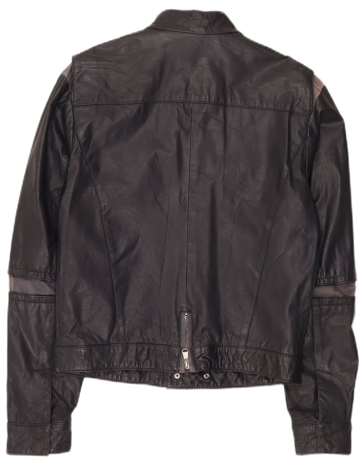 Vintage Mens Leather Biker Jacket IT 48 Medium Grey Colourblock Leather