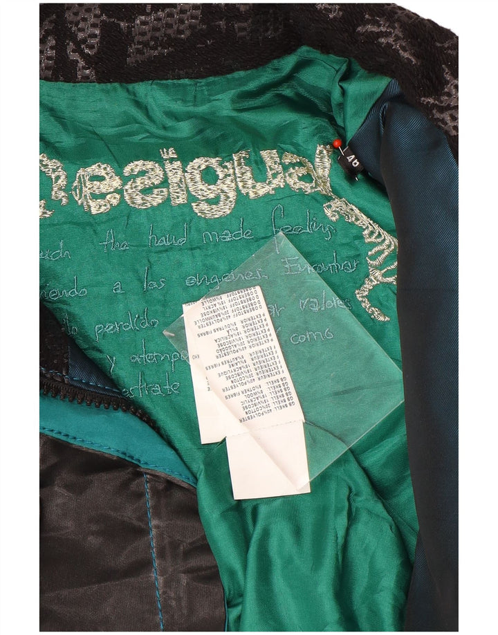 Desigual Womens Graphic Bomber Jacket EU 46 XL Black Patchwork Polyester