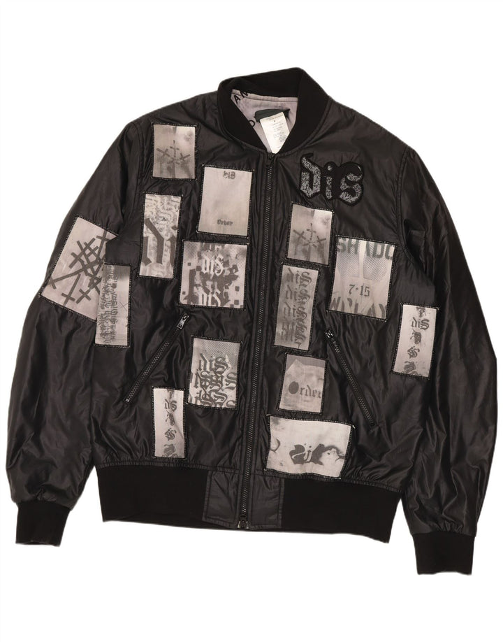 Vintage Mens Bomber Graphic Waxed Jacket UK 38 Medium Black Patchwork
